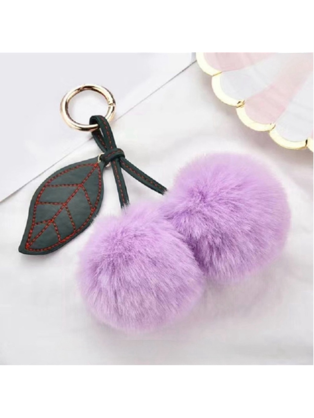 NEW Cherry Pom Pom Bag Charm Keychain Purple Faux Fur NWT